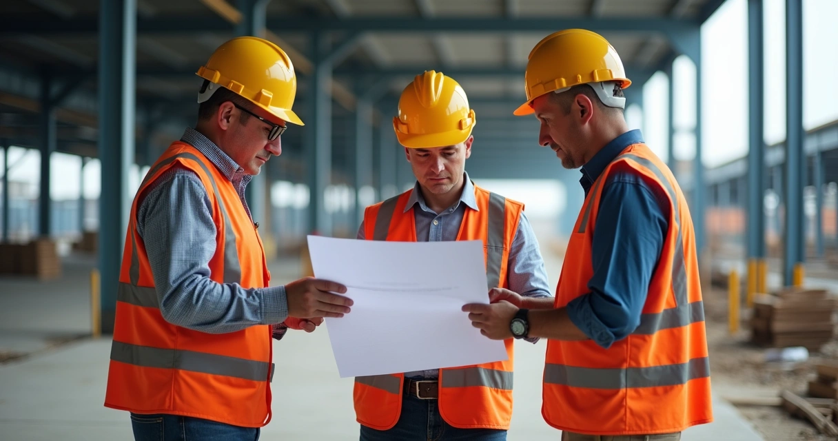 Engenheiros e arquitetos analisando projeto de galpão logístico 
