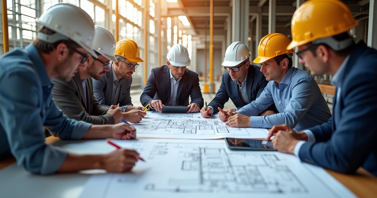 Engenheiros analisando projeto de construção com tablet e documentos