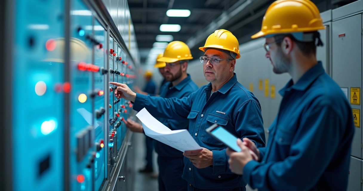 Equipe de engenheiros elétricos em frente a painel de controle 