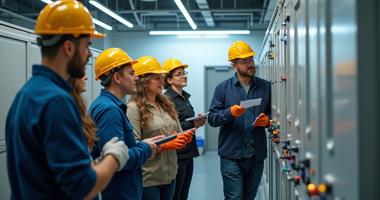 Grupo de engenheiros aprendendo procedimentos práticos NR10 