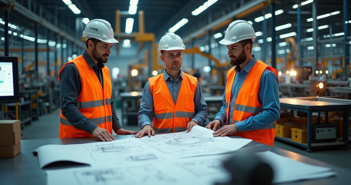 Engenheiros analisando planta industrial com equipamentos modernos