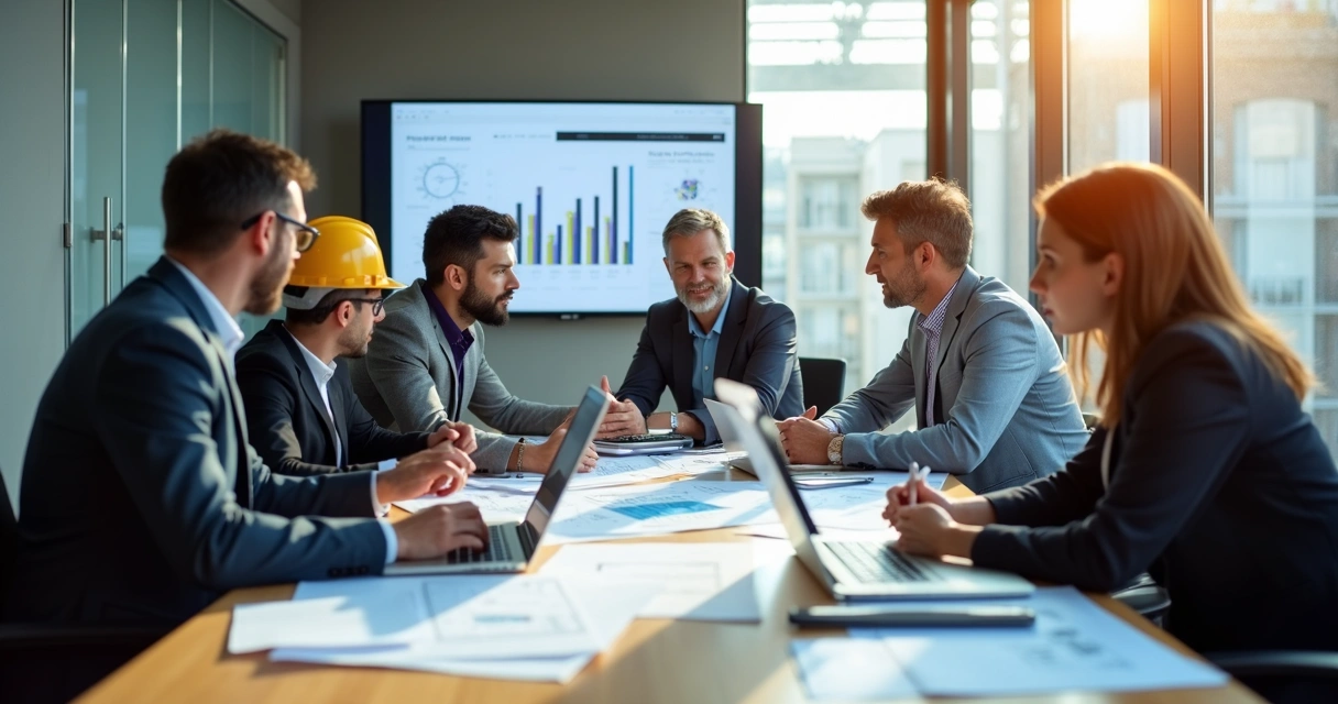 Engenheiros de obra em reunião prática em sala, computadores abertos, folha de projetos ao centro 