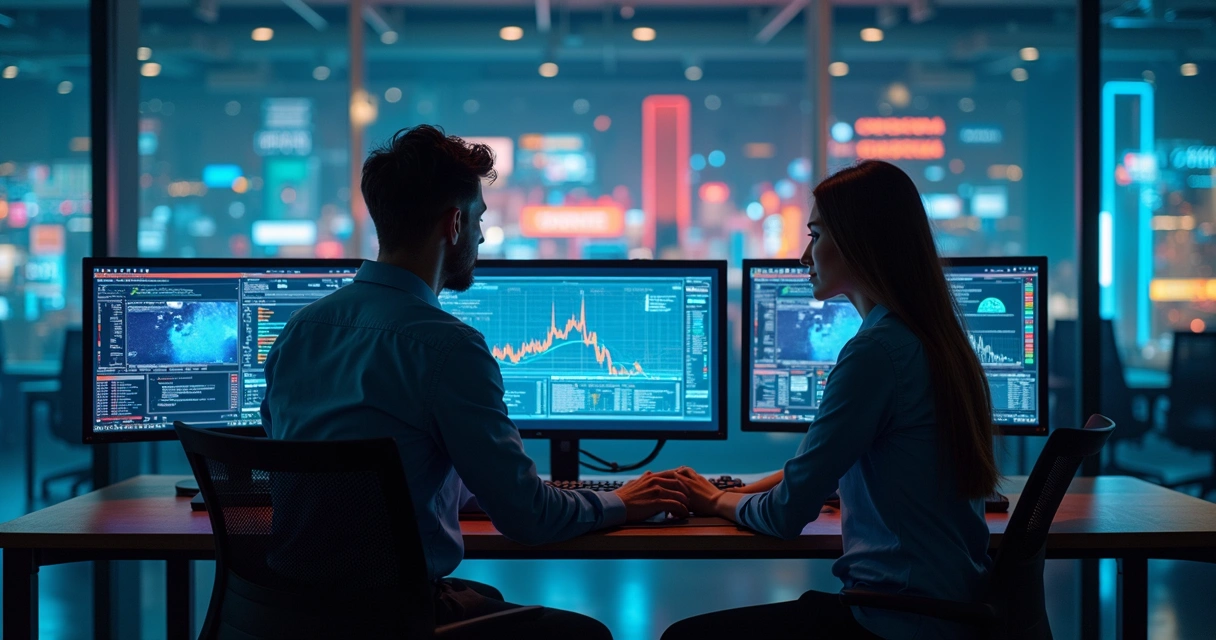 Engenheiros de software colaborando com agentes de IA em telas de computador 