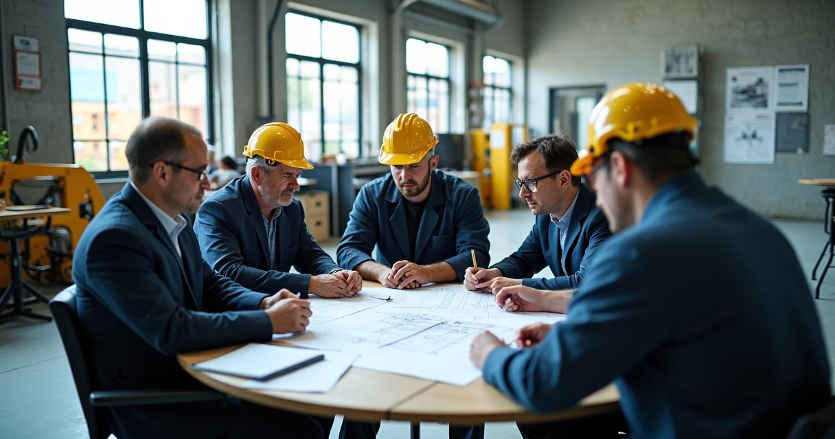 Equipe multidisciplinar com engenheiros e técnicos reunidos