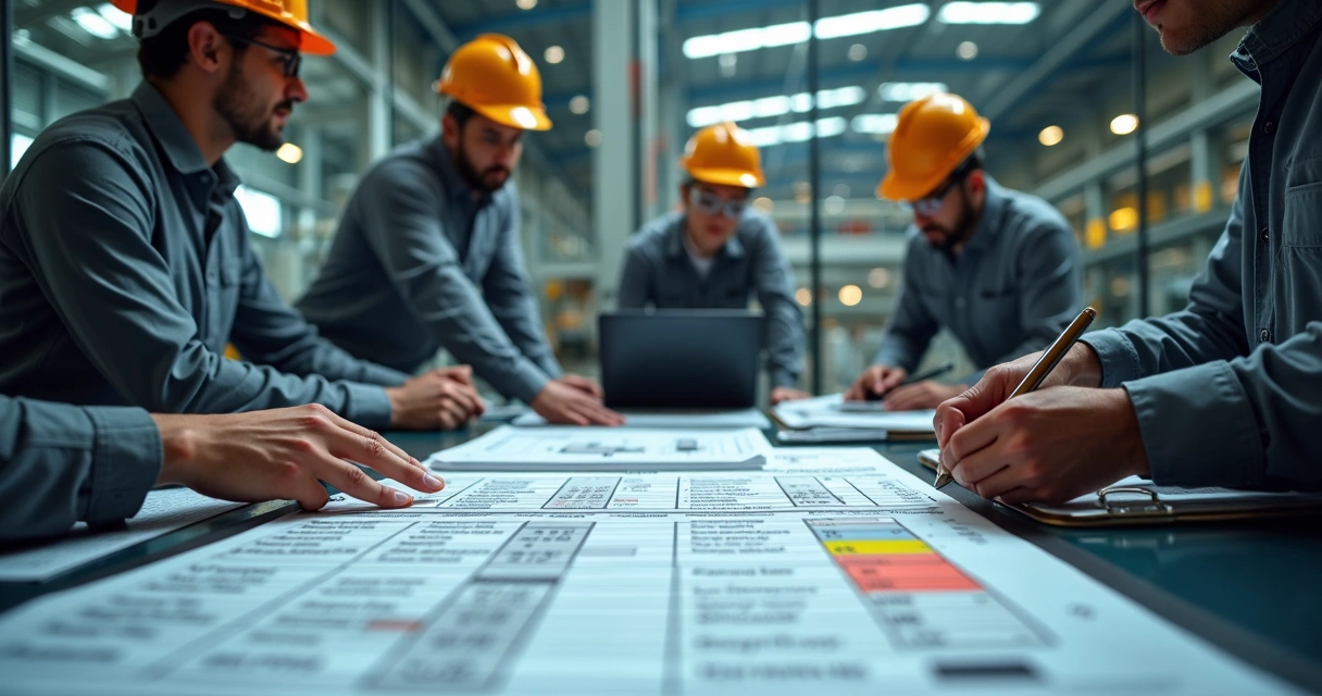 Equipe de manutenção analisando planilha FMEA em fábrica industrial 