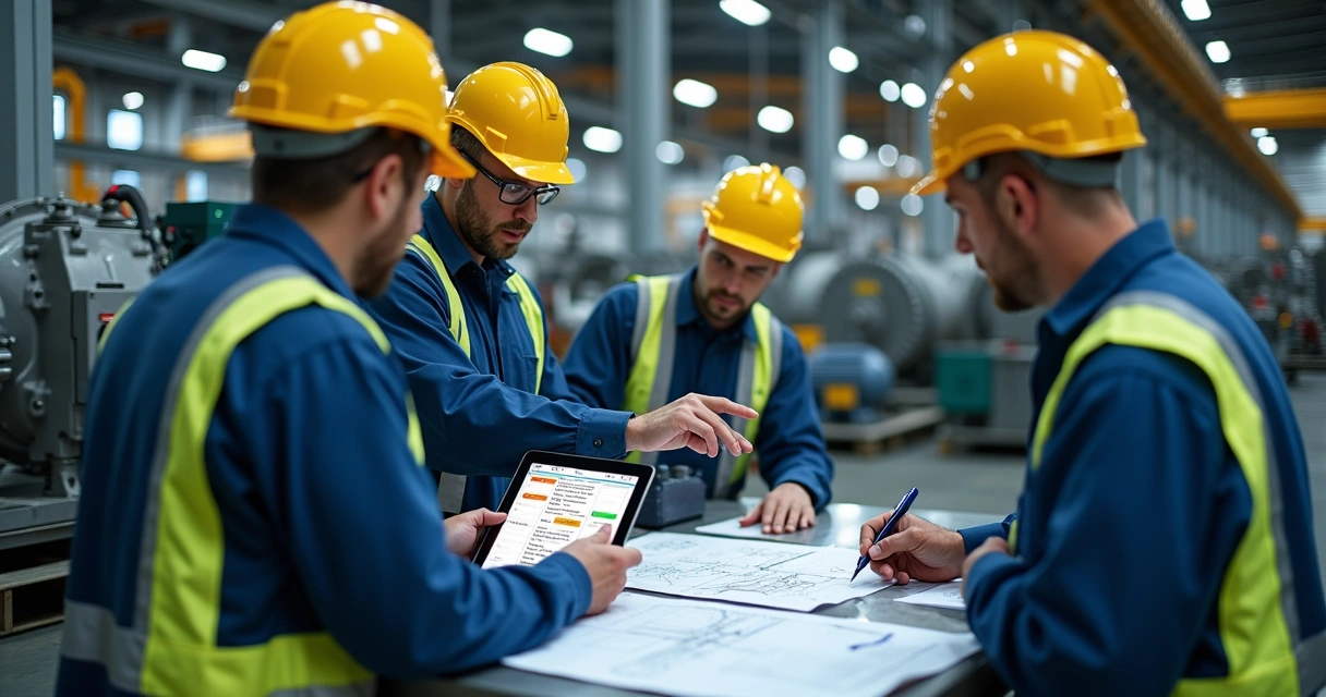Equipe de engenheiros analisando falhas em equipamentos industriais usando planilha FMEA em um tablet 