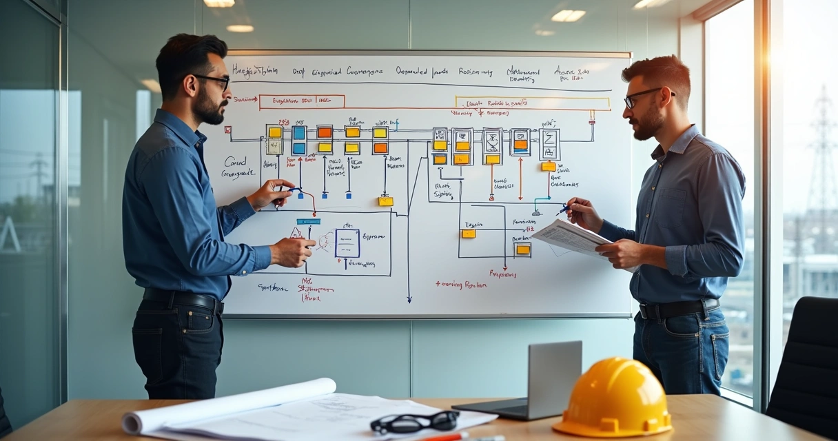 Engenheiros ajustando fluxograma de inventário elétrico em grande quadro branco 