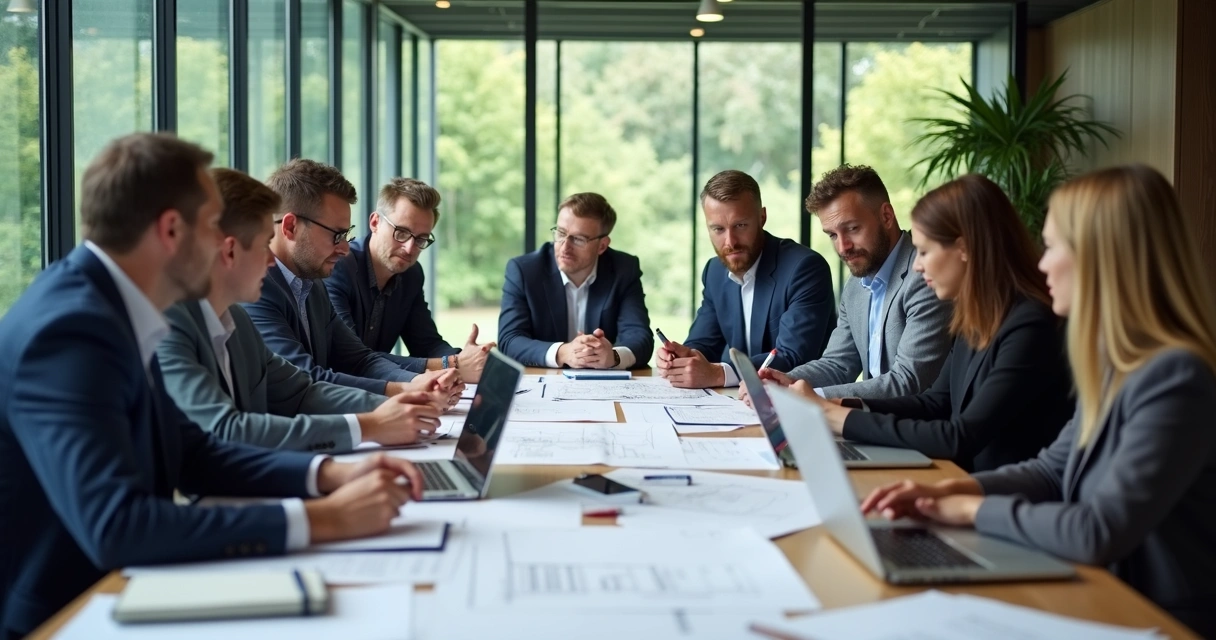 Equipe multidisciplinar de engenheiros elaborando quesitos em sala de reunião 