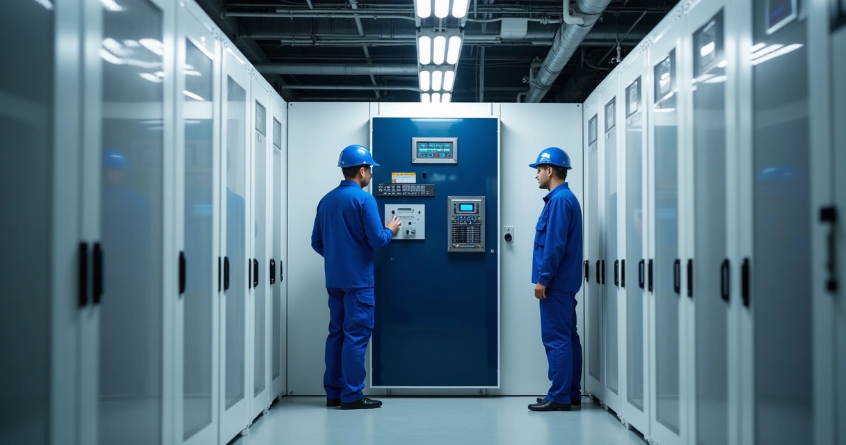 Engenheiros verificando sistema BESS em data center 