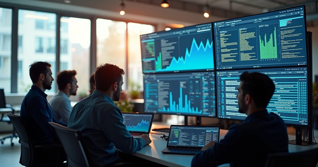 Engenheiros de software monitorando dados de observabilidade em telas grandes de computador 