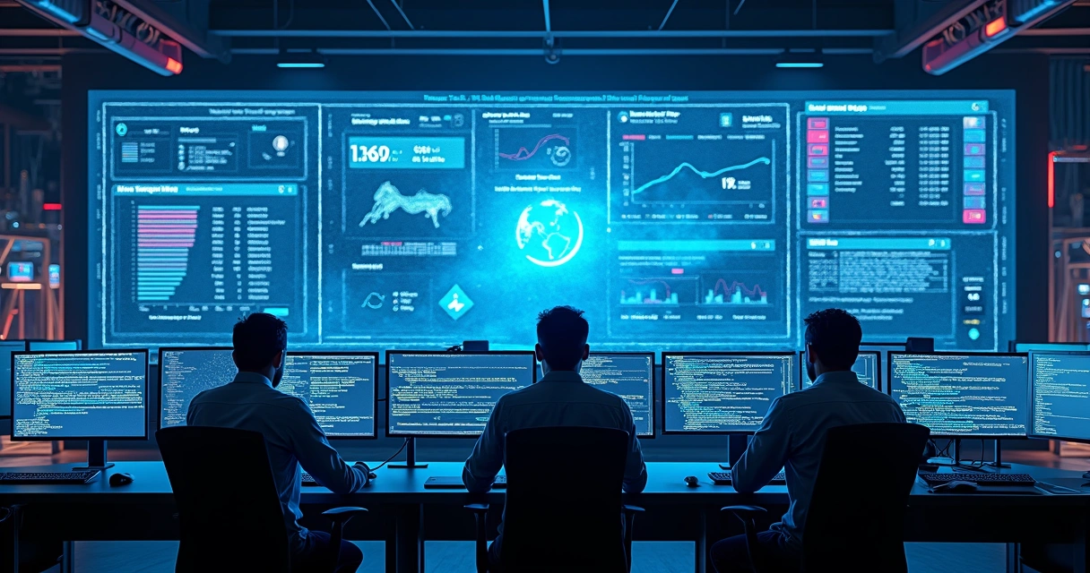 Engenheiros monitorando painel de dados em sala de tecnologia 