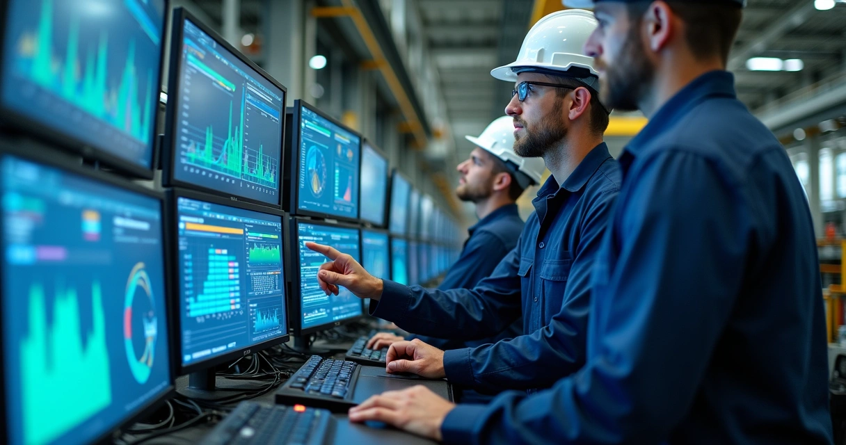 Engenheiros monitorando sensores industriais 