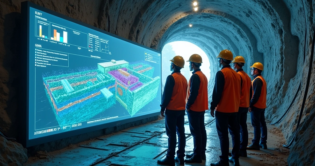 Engenheiros analisando obra subterrânea com modelagem 3D 