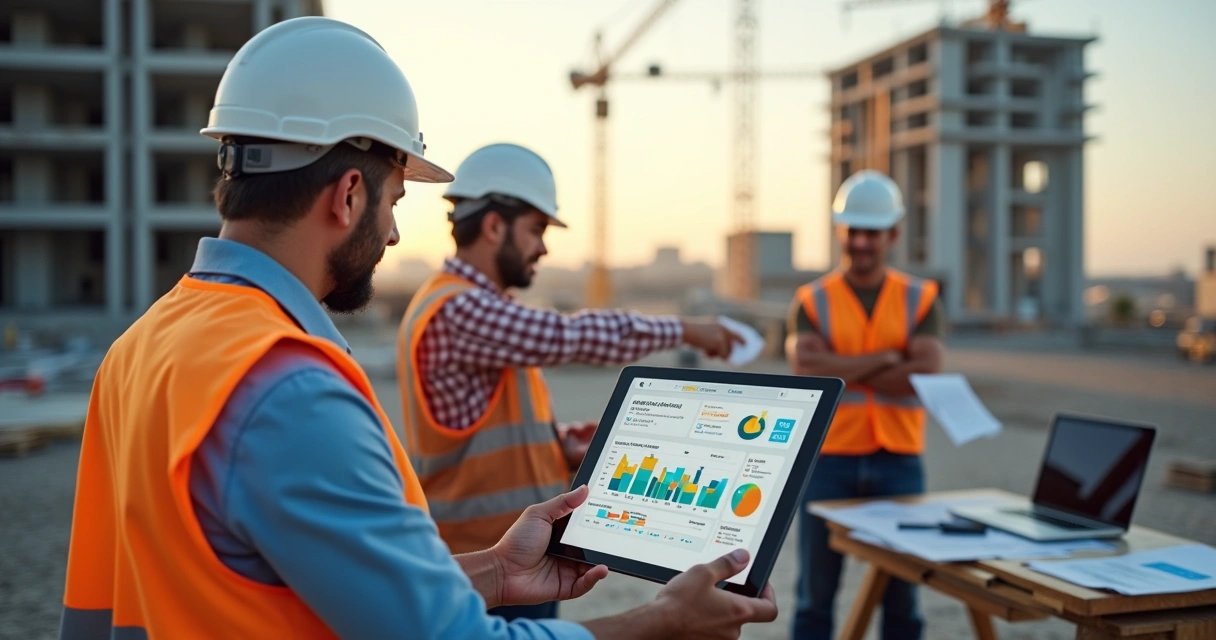 Engenheiros civis analisando OKR de obras em tablet no canteiro de construção 