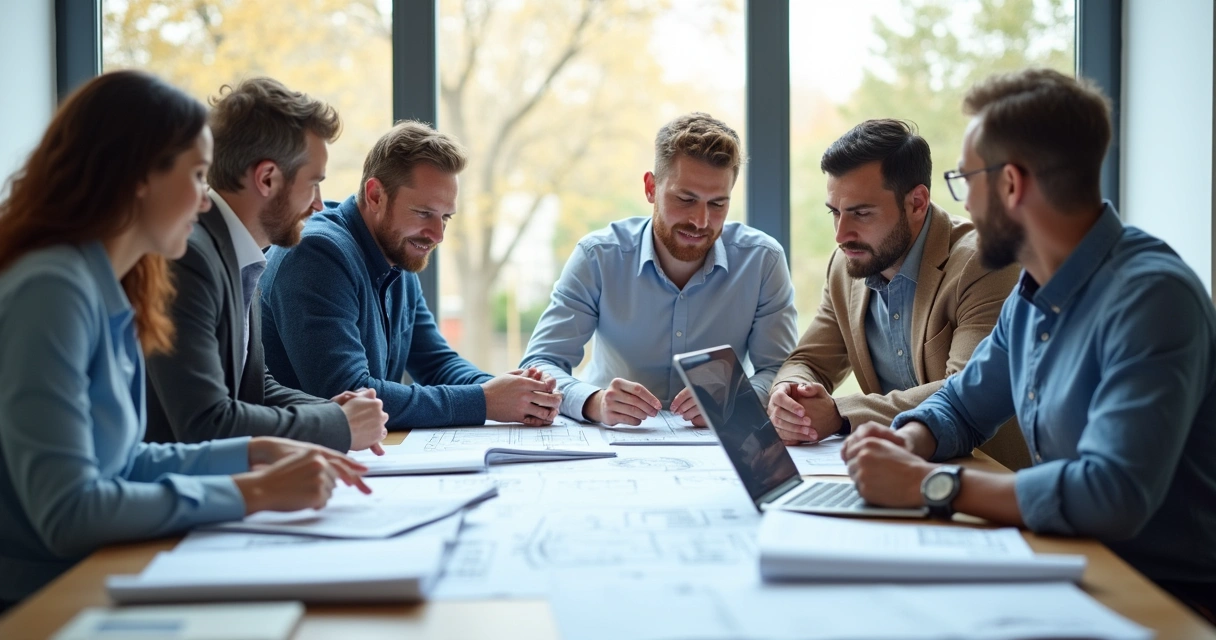 Reunião entre engenheiros avaliando documentos 