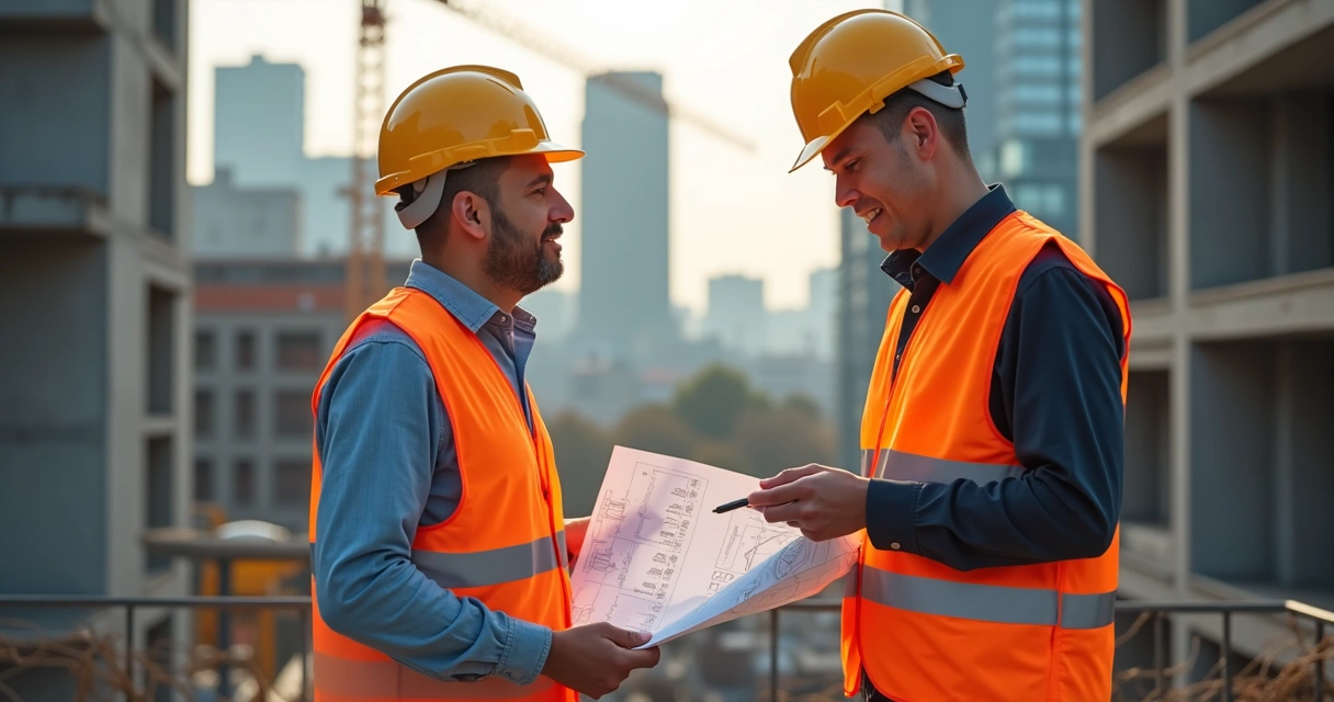 Engenheiros realizando vistoria em canteiro de obras para perícia judicial 