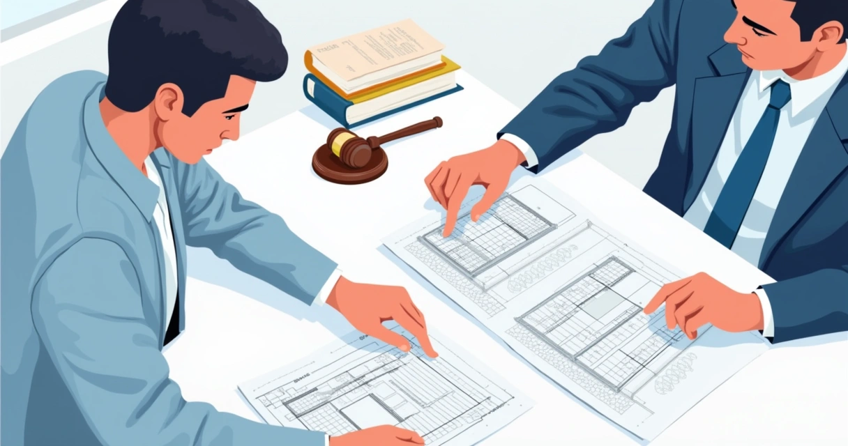 Engenheiros com papéis analisando documentos jurídicos de perícia 