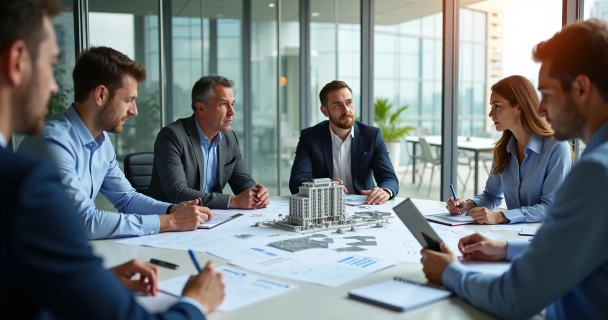 Reunião de engenheiros analisando relatórios financeiros 