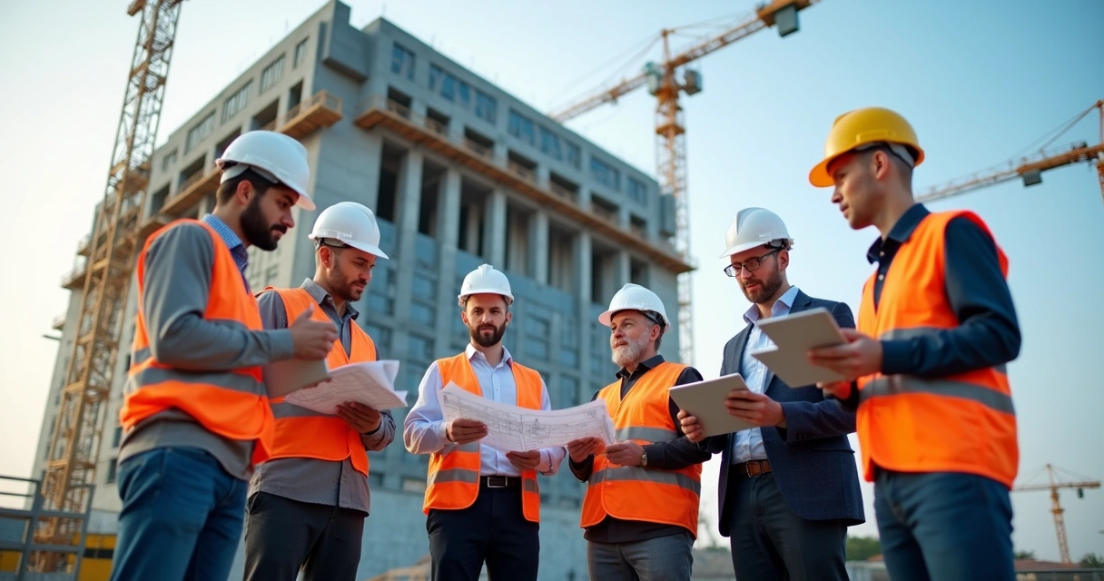 Engenheiros civis discutem cronograma da obra em reunião no canteiro 