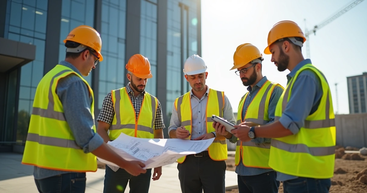 Engenheiros analisando planta em canteiro de obra moderna 