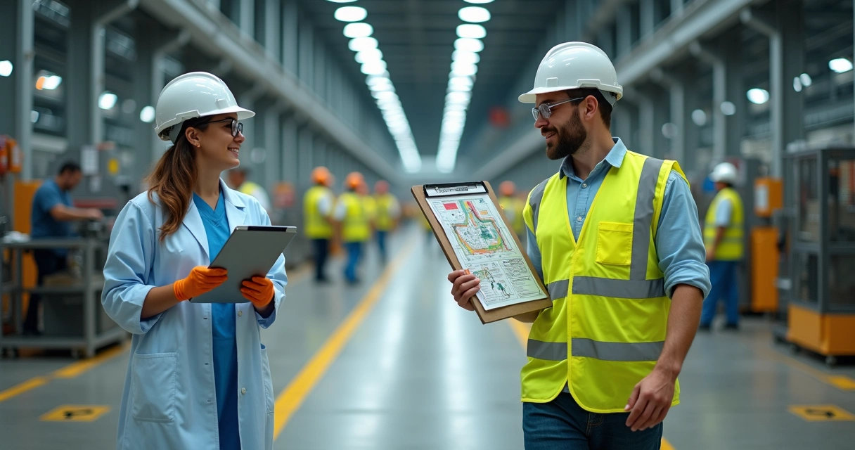 Profissionais do SESMT inspecionando área industrial com pranchetas e EPIs completos 