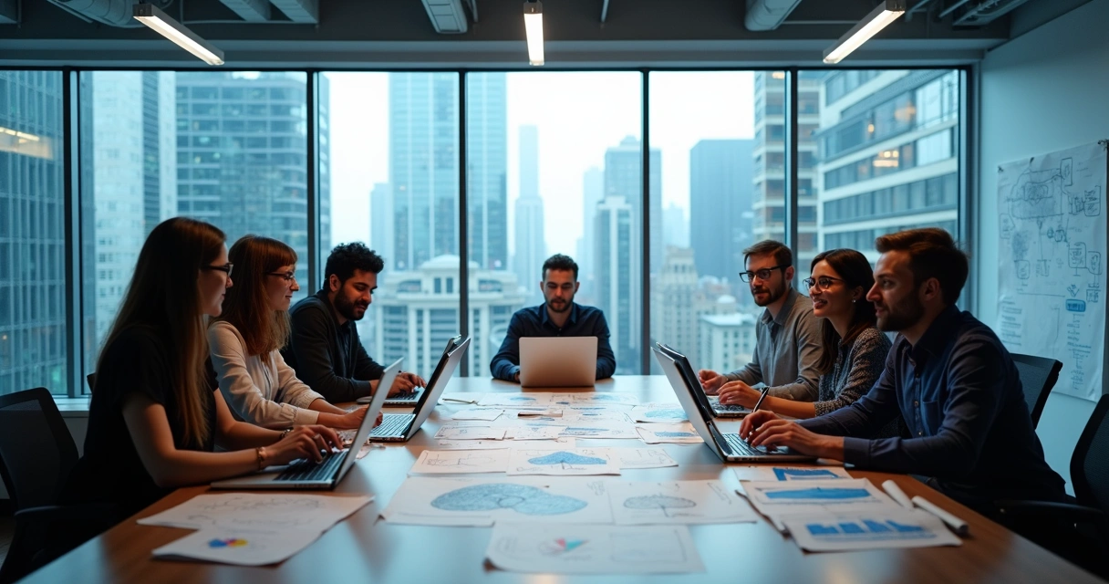 Equipe de engenheiros de software trabalhando juntos em projeto de arquitetura em nuvem 
