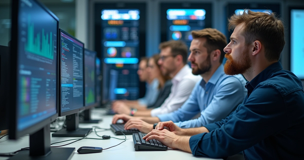 Engenheiros de software monitorando servidores em ambiente SaaS 