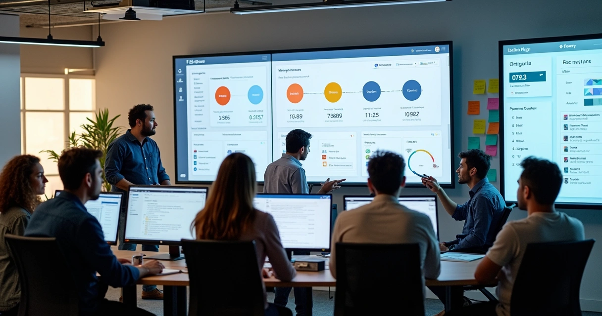 Equipe de engenharia analisando telas com feature flags em um escritório moderno 