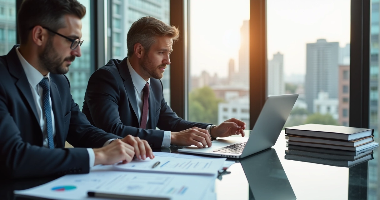 Dois engenheiros revisando documentos com laptop em ambiente corporativo 