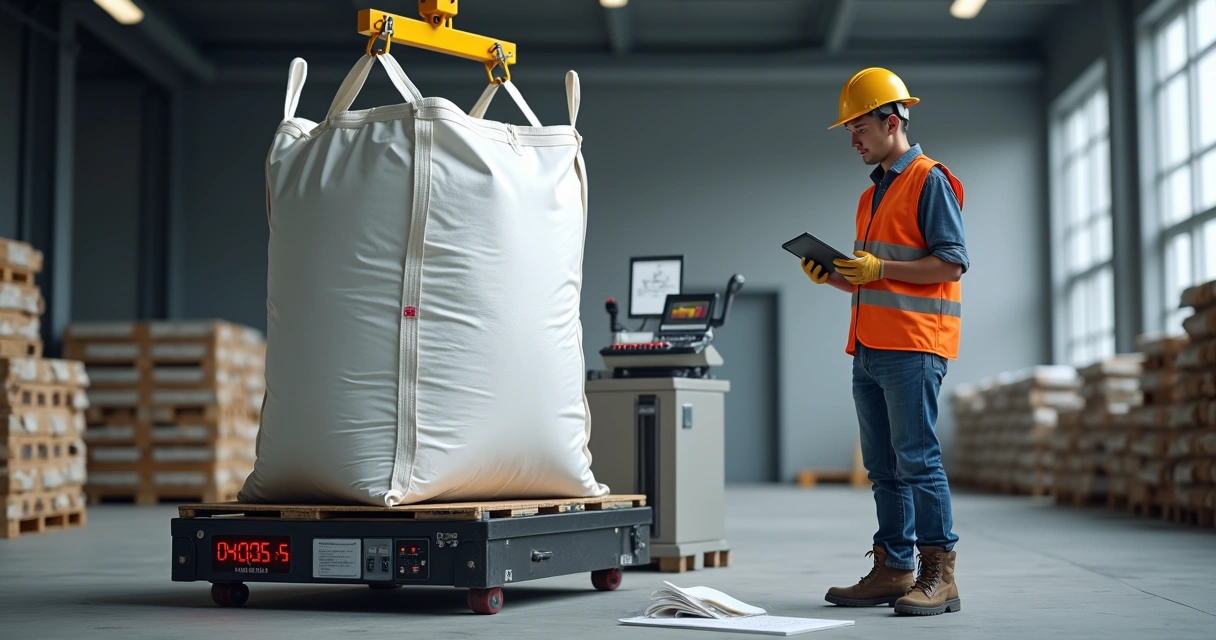 Engenheiro medindo peso de big bag suspenso em balança industrial 