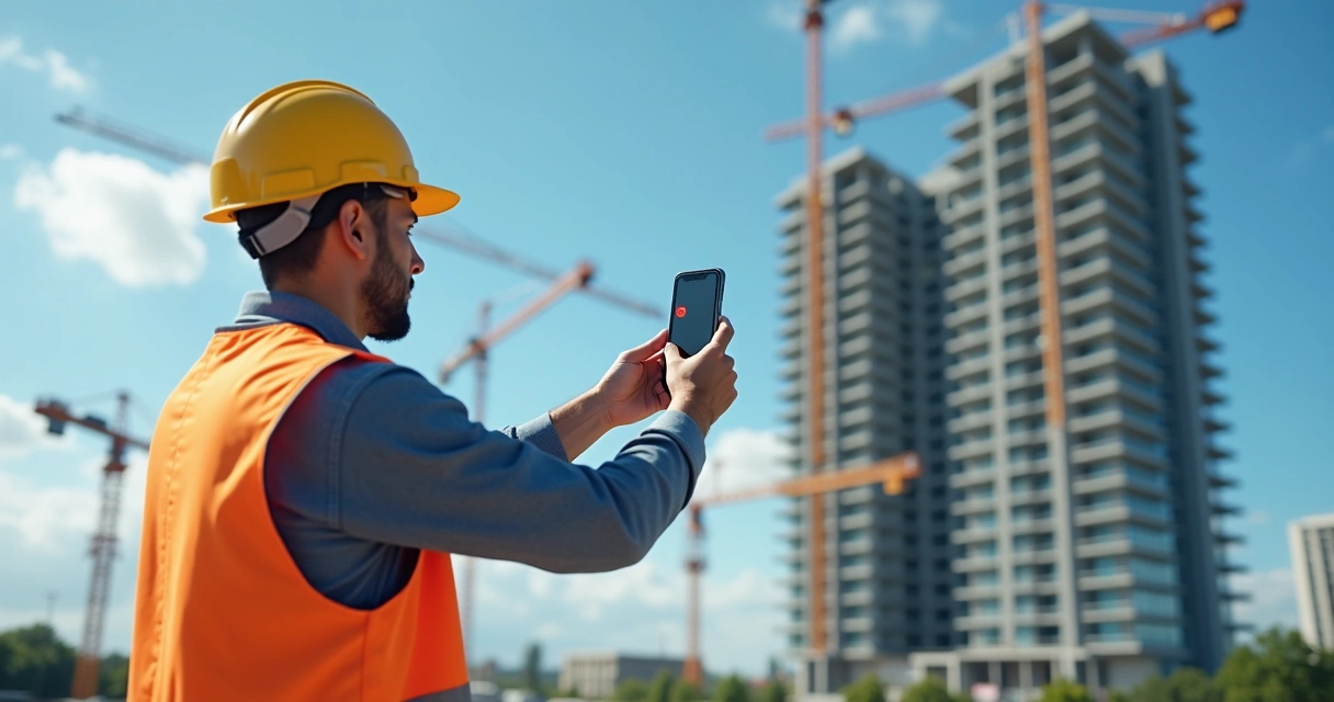 Engineer filming progress with smartphone at building site 
