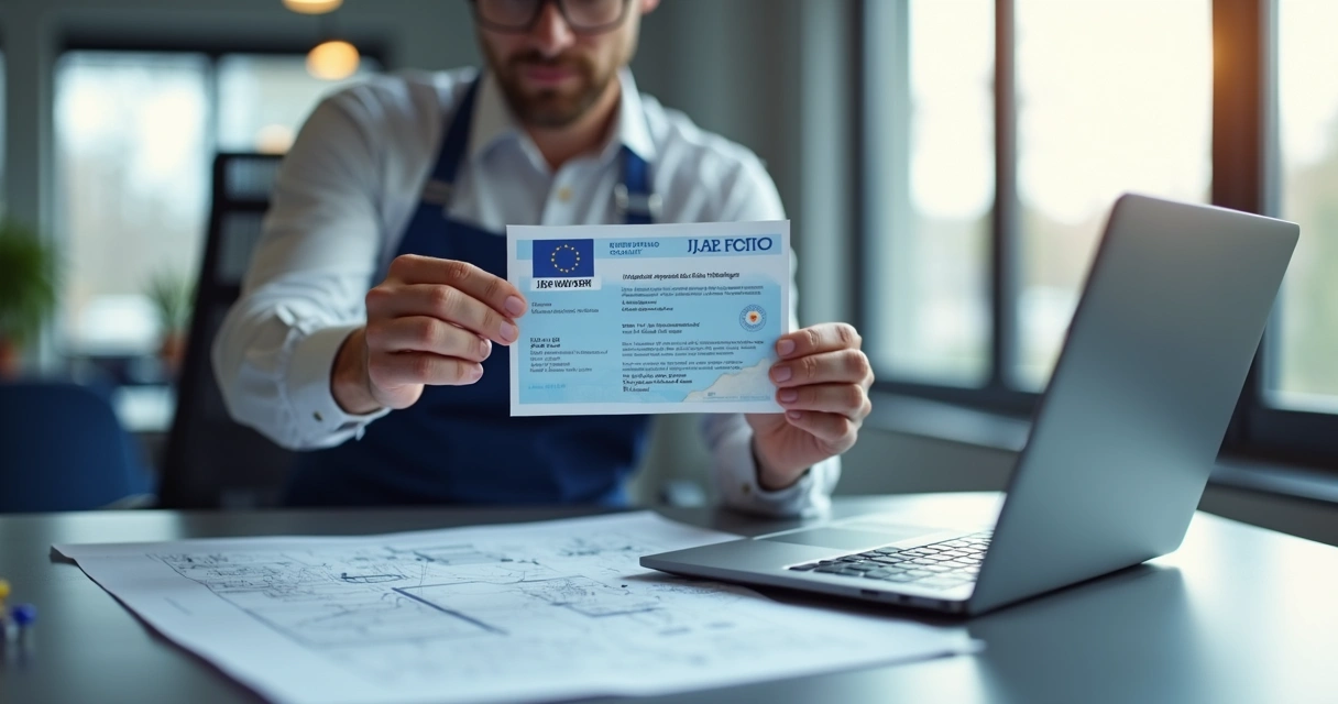 Engineer at desk reviewing blue card approval letter 