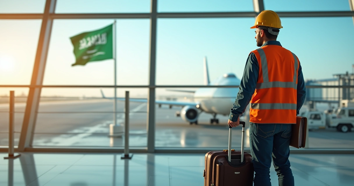 Mining engineer at airport with luggage and Saudi flag in background 