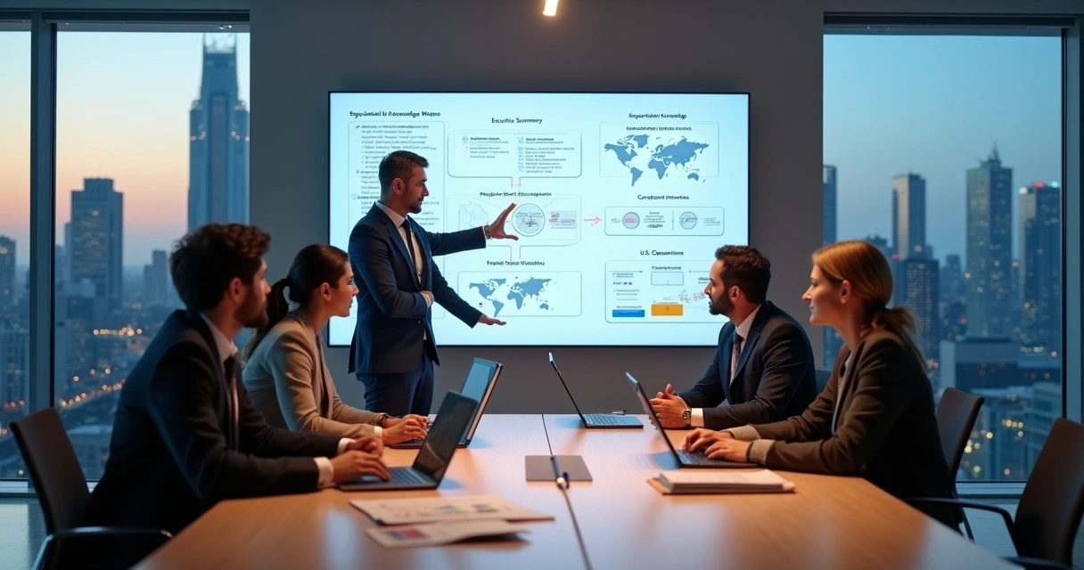 Technical specialist presenting cross-border business plan on digital screen in modern office