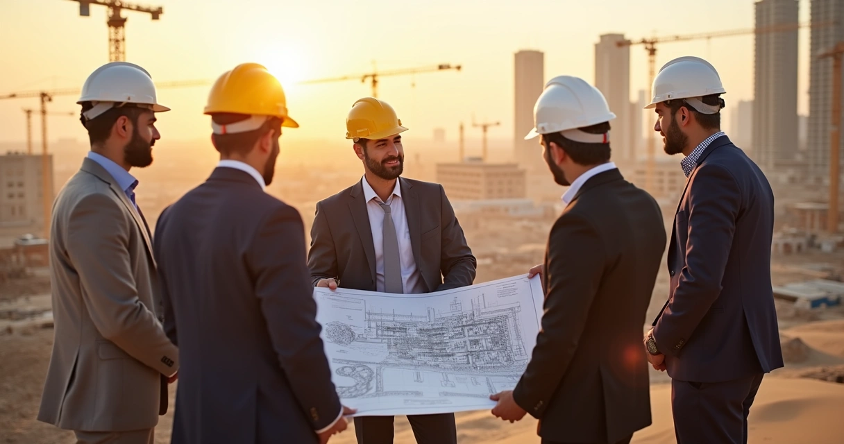 Engineers and a site manager discussing plans at a Middle Eastern construction site