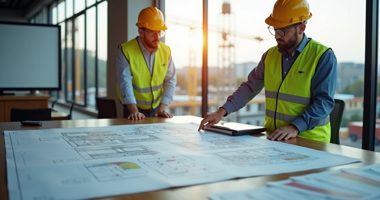 Engenheiro coordenador analisando plantas e riscos em obra com equipamentos de segurança e prancheta 