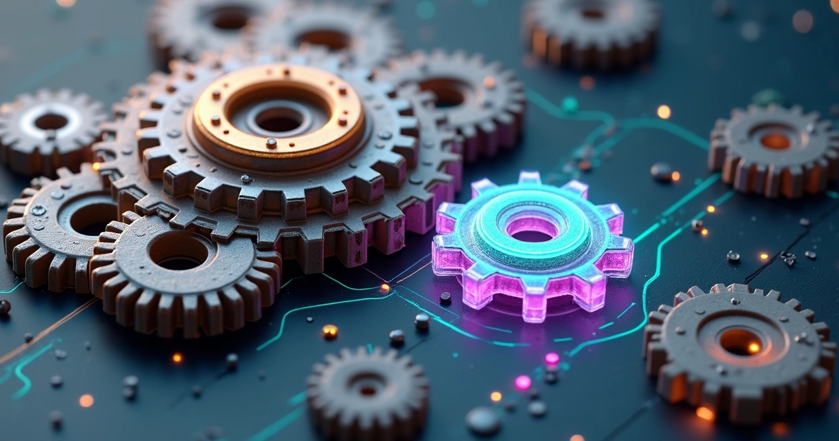Engrenagem 3D moderna de IA alinhando-se suavemente a grandes engrenagens antigas 