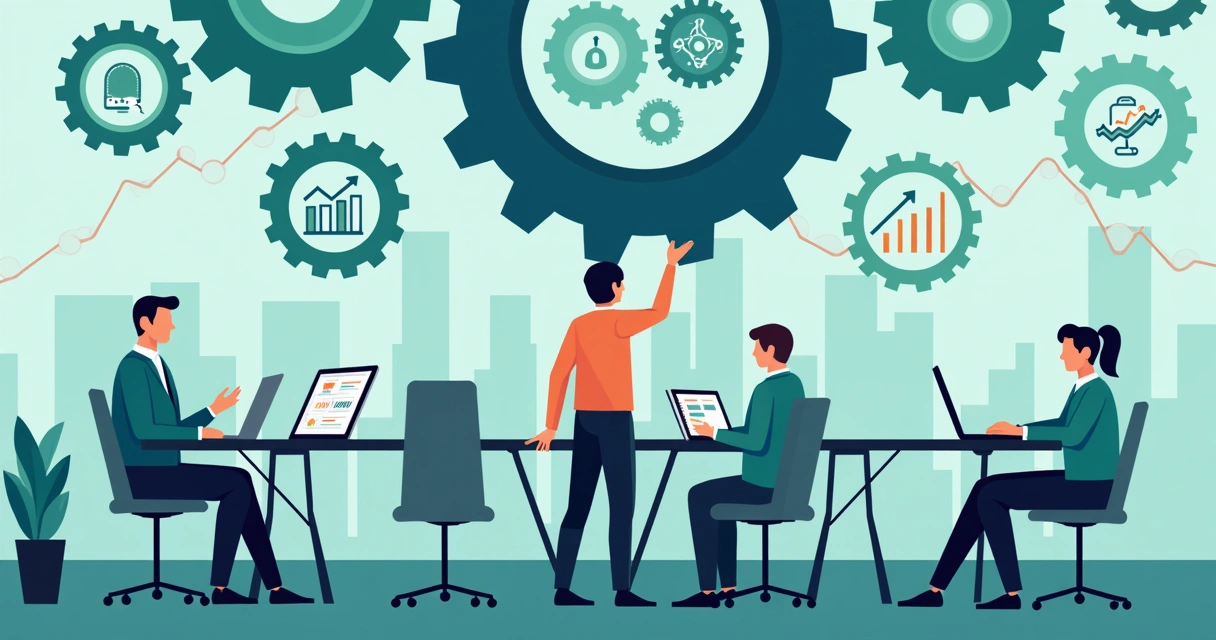 Ilustração flat corporativa com engrenagens conectadas representando IA, gráficos de vendas crescentes e equipe de startup organizando dados 