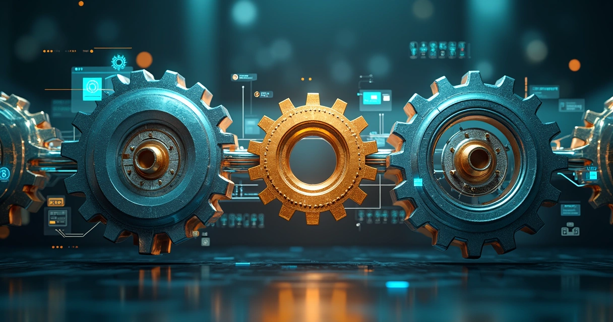 Engrenagens digitais conectadas entre automação e sistema ERP 