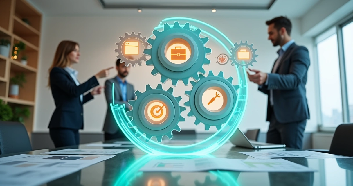 Equipe de RH observando engrenagens coloridas ligadas a ícones de processos digitais 