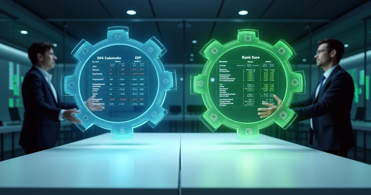 Engrenagens digitais conectando ícones de ERP e banco com dados financeiros alinhados 