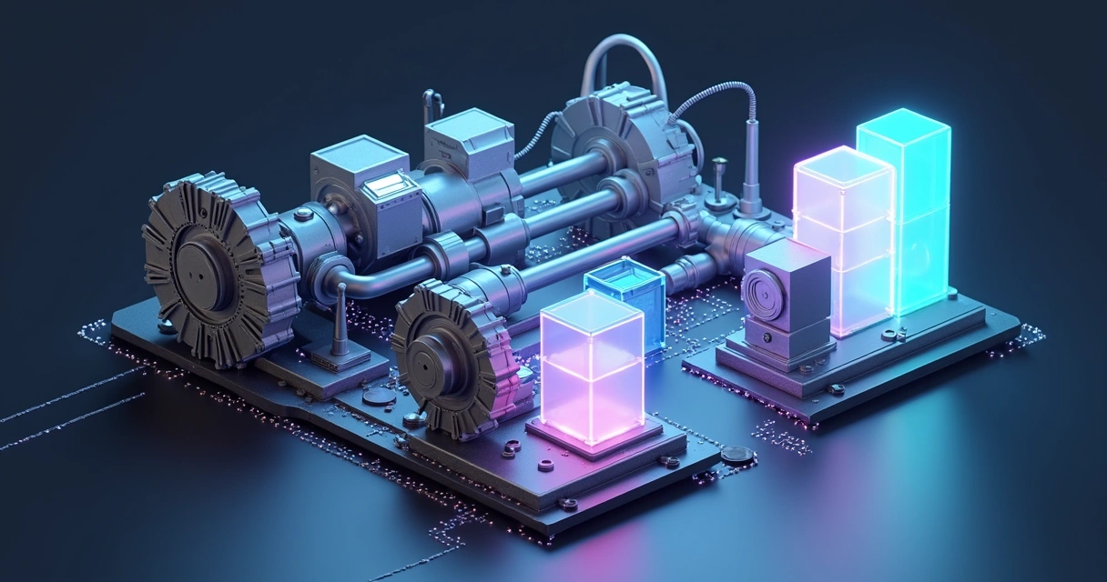 Engrenagens metálicas antigas se conectando a cubos luminosos de IA com fluxo de dados 