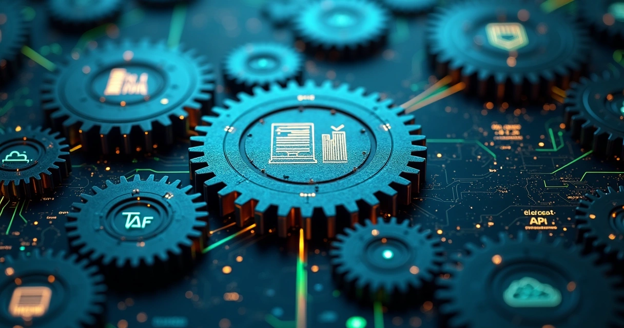 Engrenagens metálicas conectando ícones de documentos fiscais e bancos digitais 