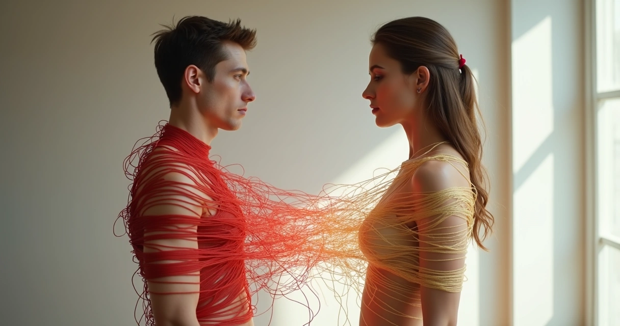 Two people connected by threads with one side tangled and the other clear and balanced 