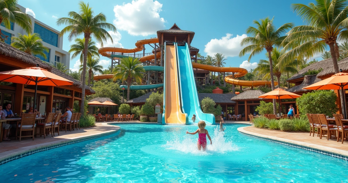 Vista de parque aquático em resort com toboáguas e piscina 