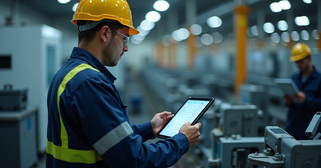 Funcionário de fábrica respondendo pesquisa em tablet 