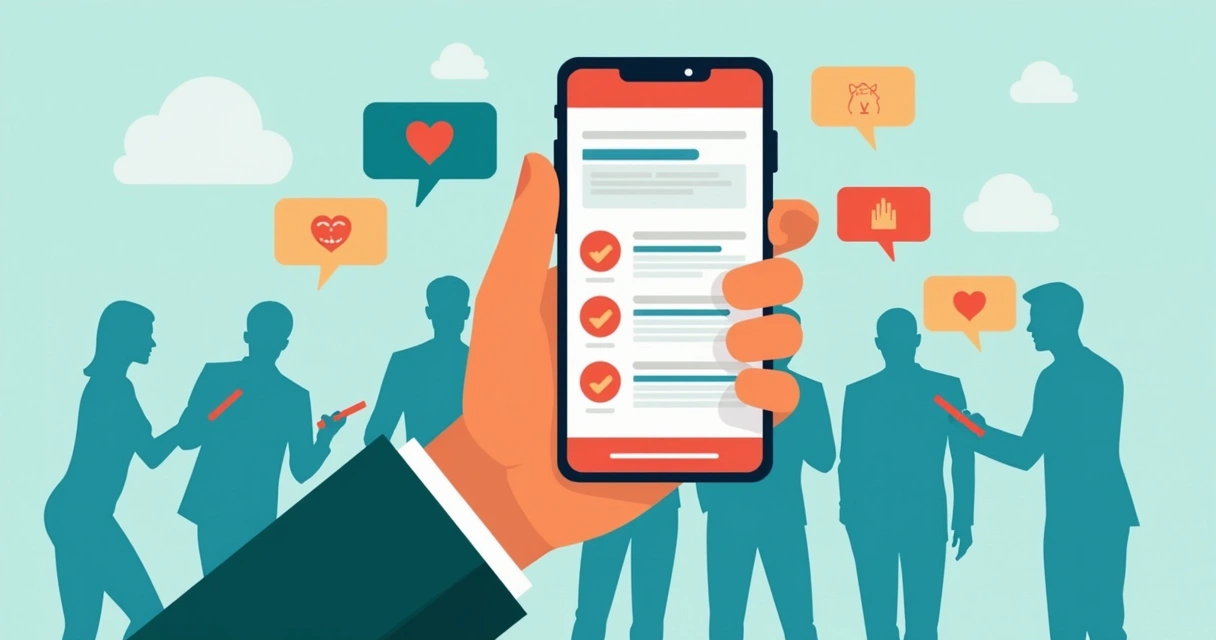 Banner colorido com enquete digital em smartphone sobre eventos sindicais 