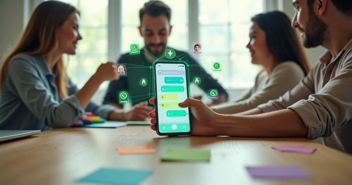 Pessoa segurando celular com enquetes coloridas em grupo do WhatsApp exibidas no ar 