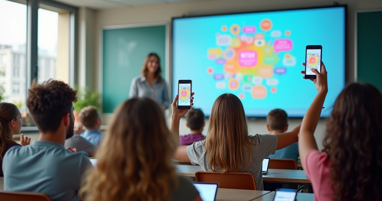 Turma participa de enquete com celulares e resultados aparecem em tela. 