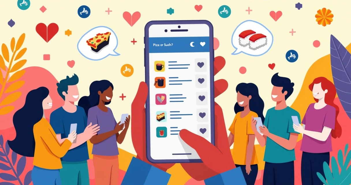 Ilustração de tela do Instagram com adesivos de enquetes e perguntas, pessoas interagindo com smartphones.